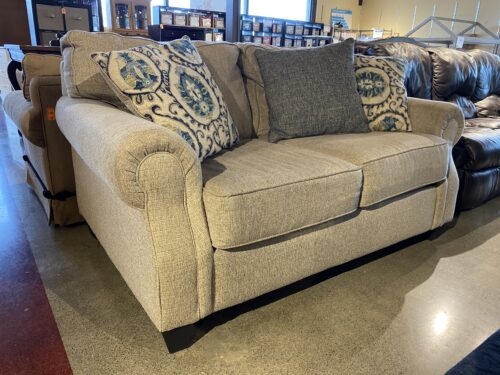 Neutral Grey Rolled Arm Loveseat w/ Throw Pillows