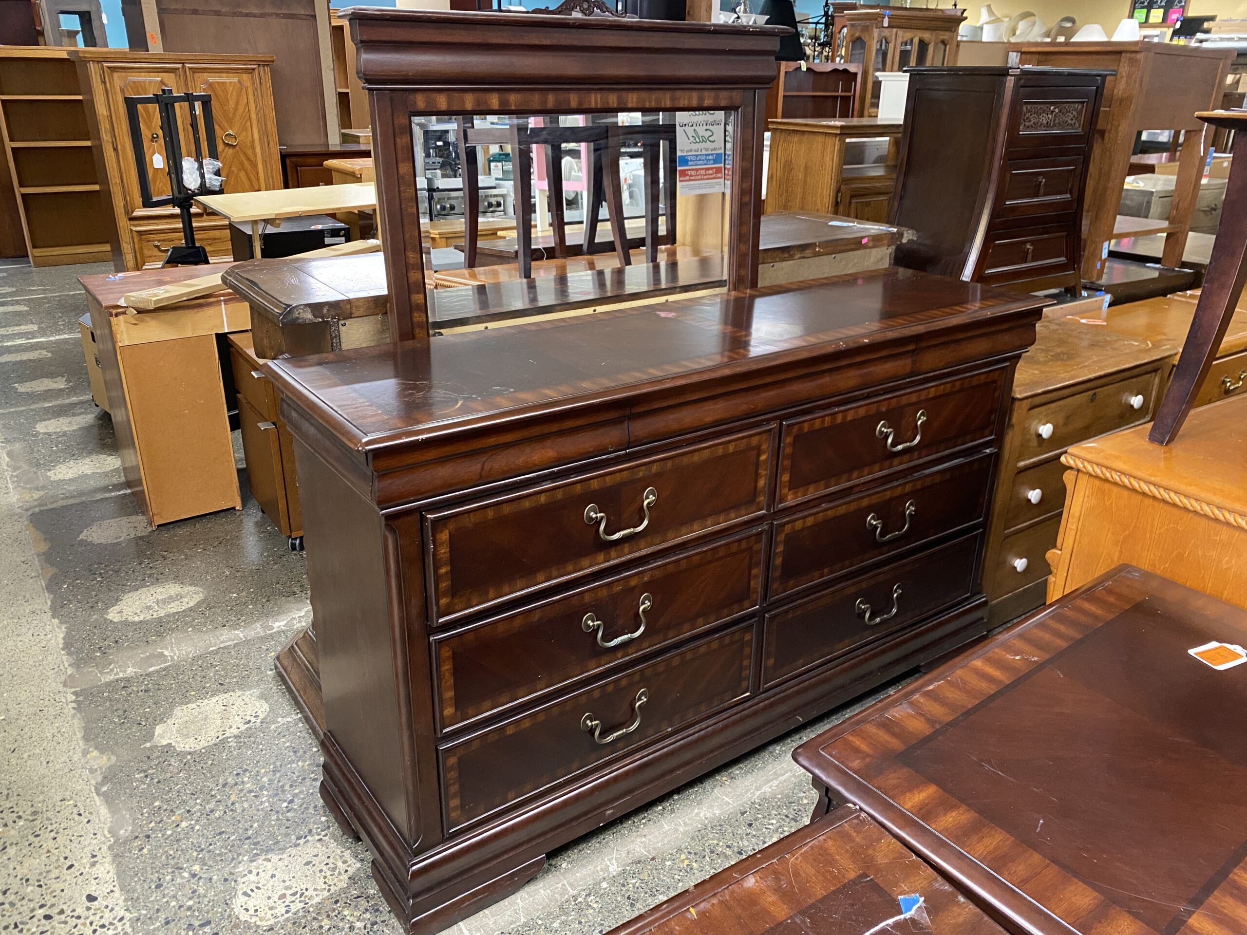 Dark Wooden 6 Drawer Dresser w/ Mirror