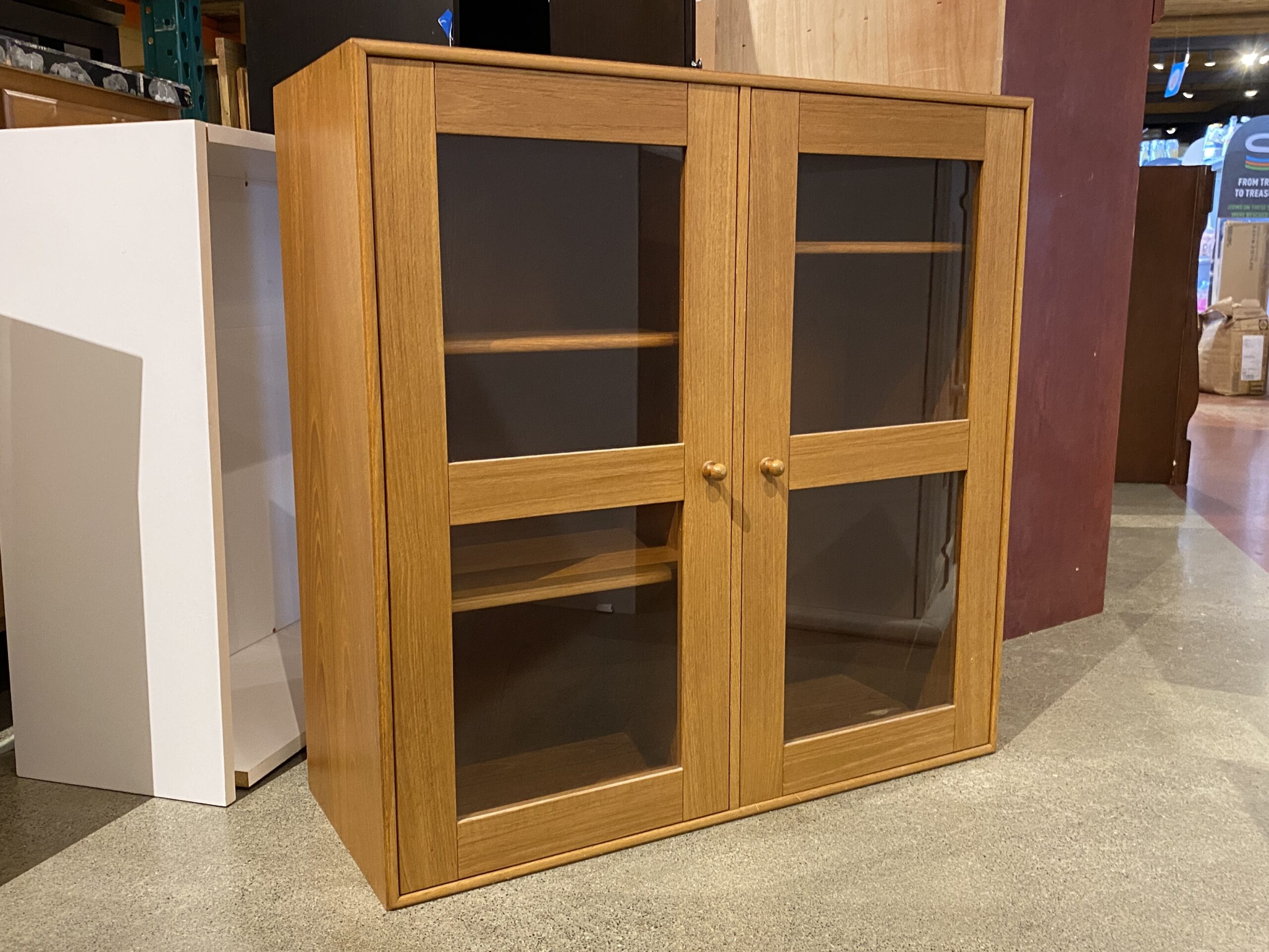 Warm Blonde Glass Door Cabinet w/ Adjustable Shelves