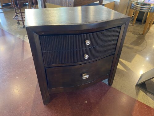 Dark Wood Bow-Front Nightstand with Fluted Top Drawers