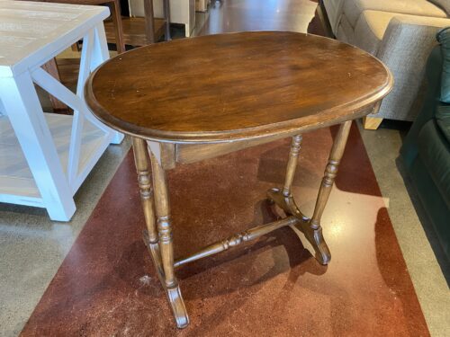 Oval Wood End Table with Turned Legs and Single Drawer