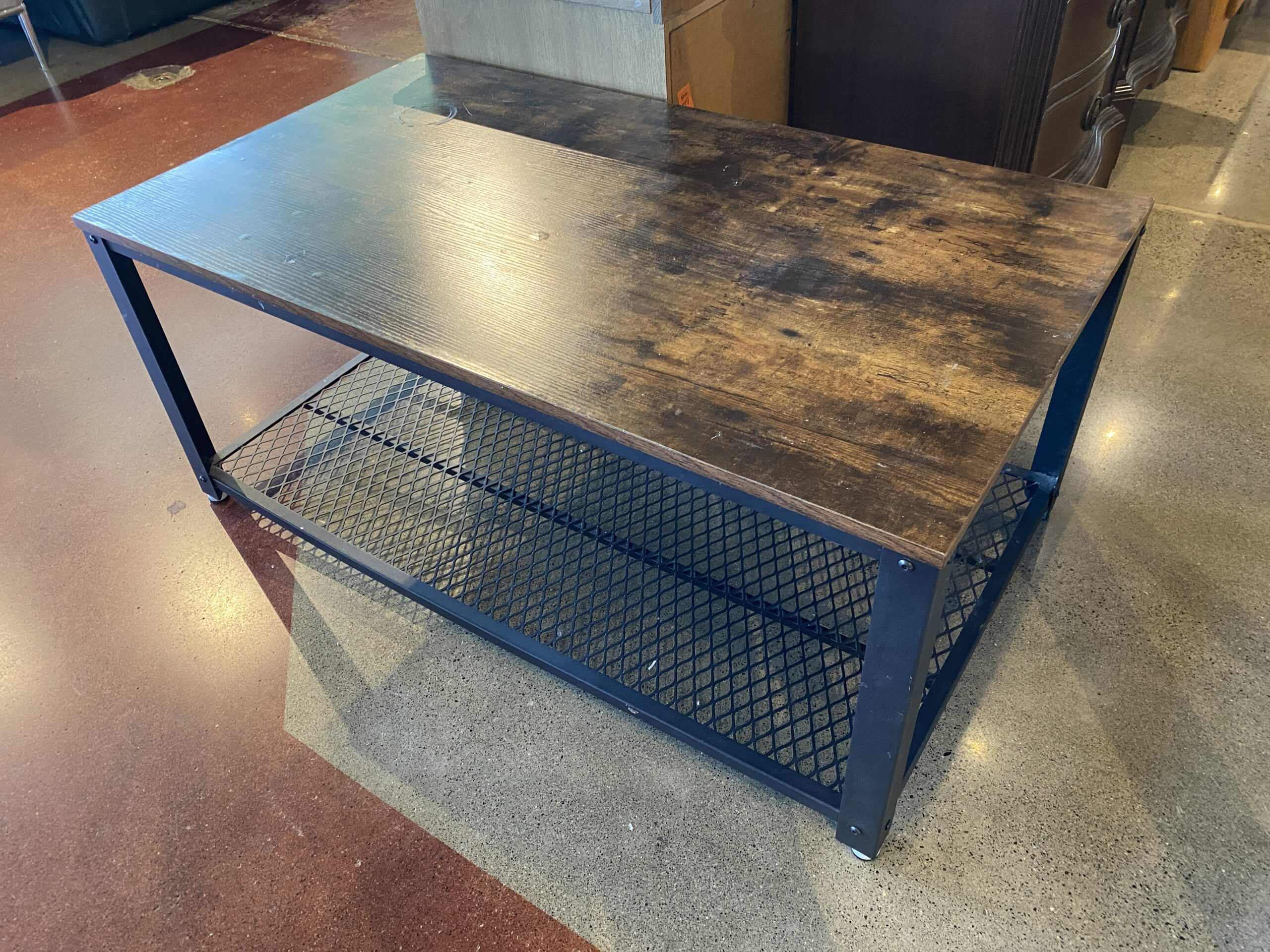 Industrial Style Wood and Metal Coffee Table with Mesh Shelf