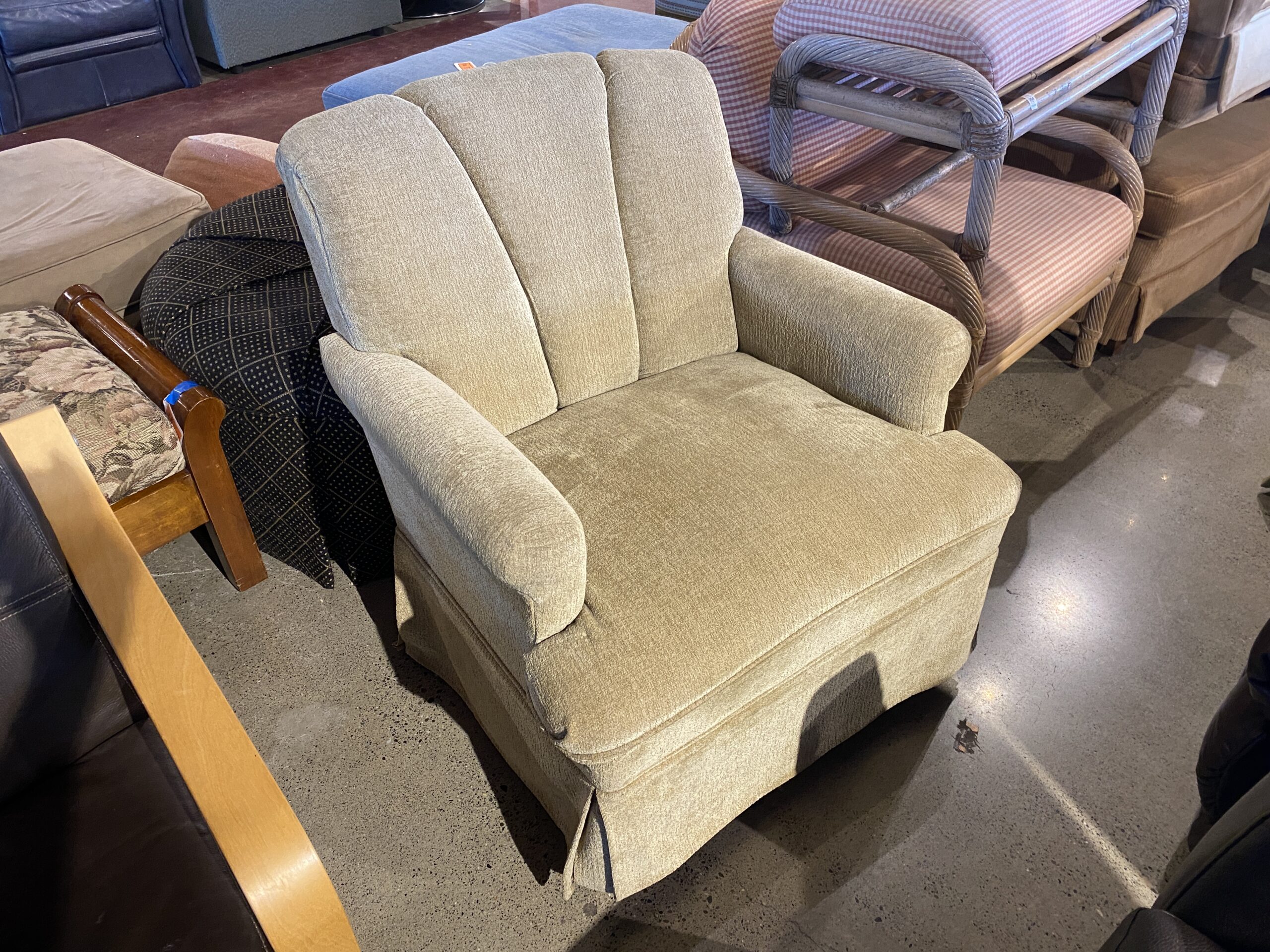Scalloped Back Skirted Armchair in Neutral Fabric