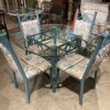 Glass Dining Table with Teal Base and Four Matching Chairs