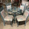 Glass Dining Table with Teal Base and Four Matching Chairs