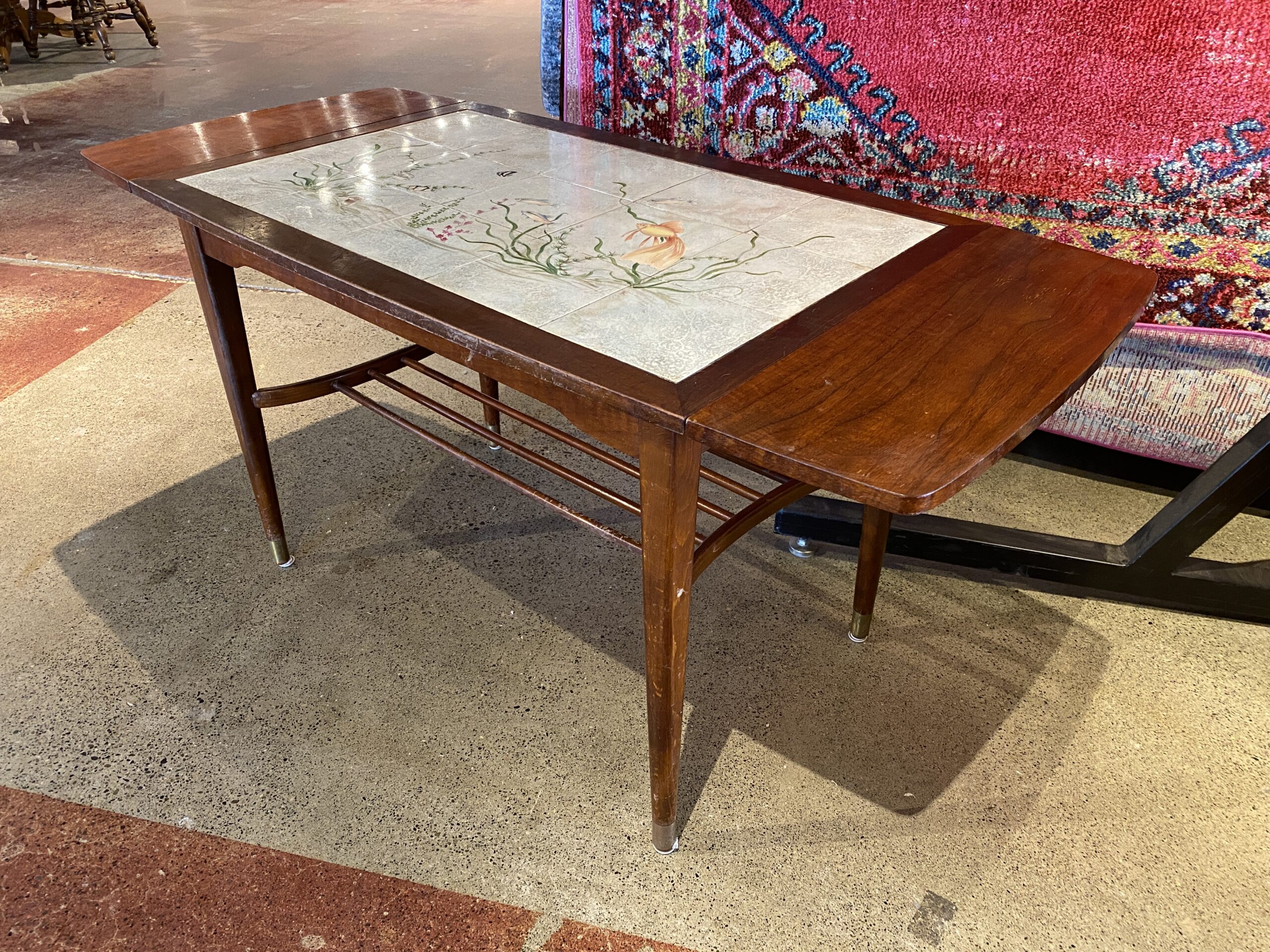 Goldfish Tile Drop-Leaf Table w/ Tapered Metal Cap Legs