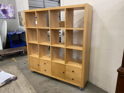 Pine Look Rolling Doors and Drawers Cubbie Bookshelf