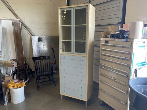 Grey Drawer and Glass Door Armoire Organization Shelf