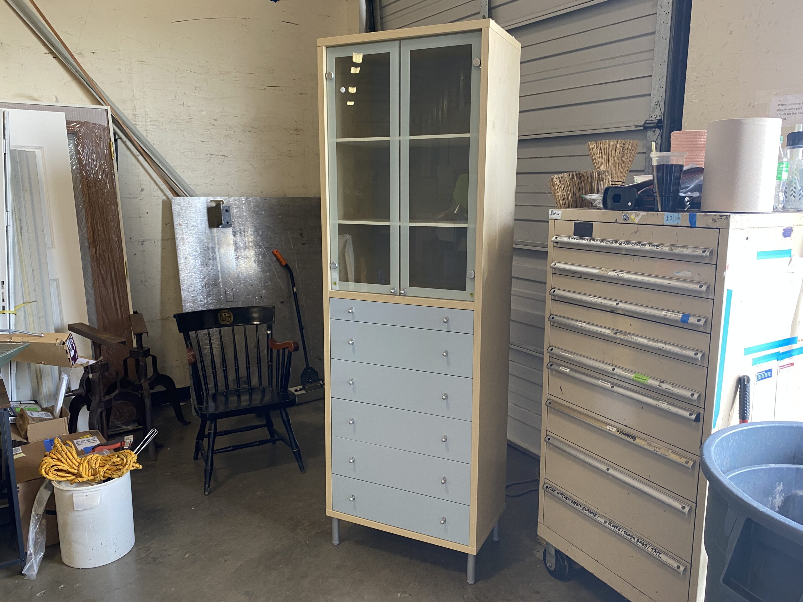 Grey Drawer and Glass Door Armoire Organization Shelf
