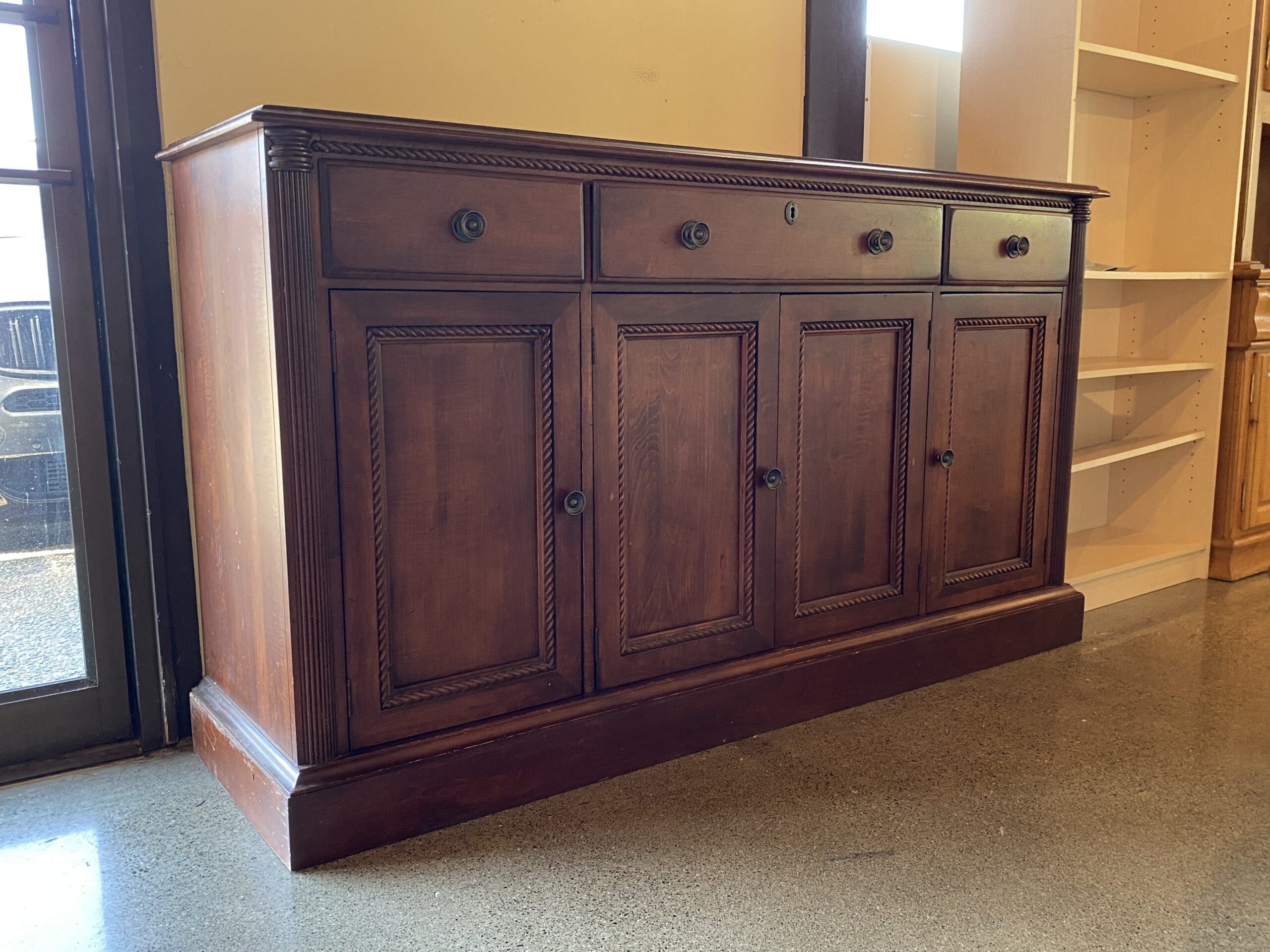 Dark Wood 3-Drawer Buffet w/ Twist Trim