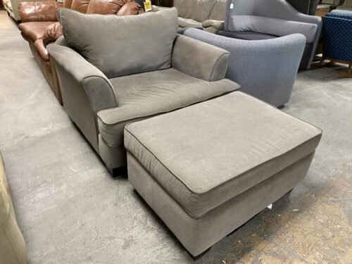 Large Plush Grey Armchair w/ Ottoman