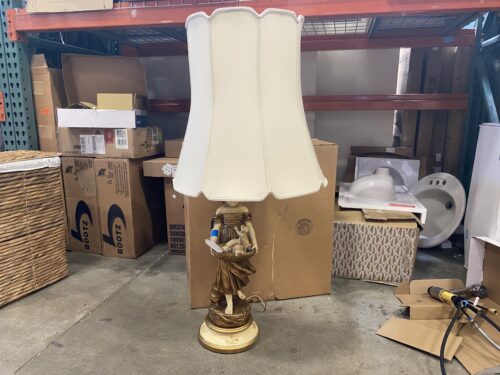 Vintage Cream and Brown Girl with Basket of Puppies Lamp