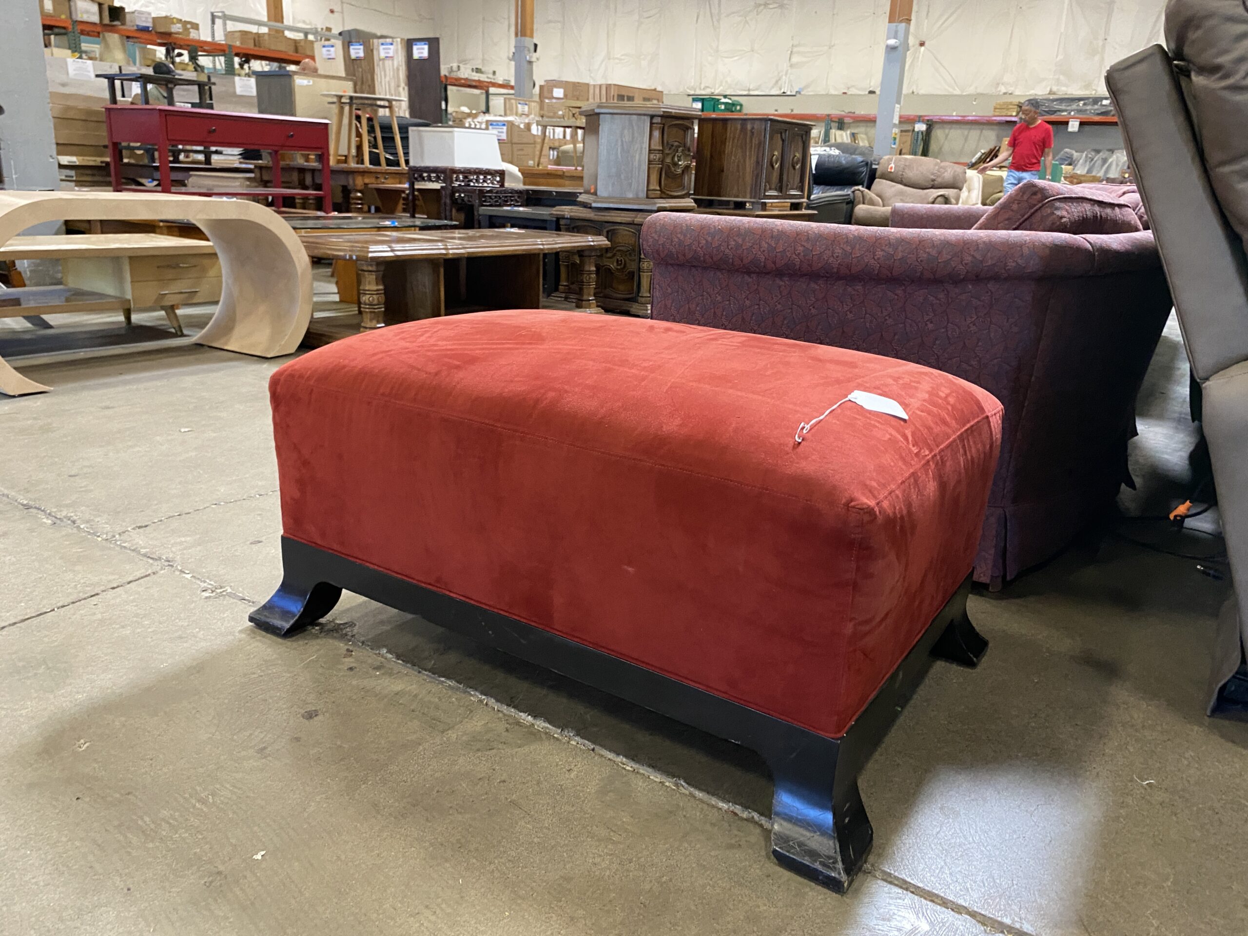 Soft Red Fabric Ottoman with Angled Legs