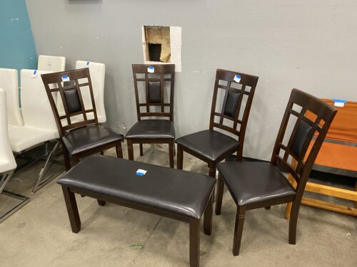 Black Leather and Darkwood Dining Chair Set of 4 with Bench
