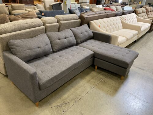 Grey Tufted Sectional Couch with Wooden Legs