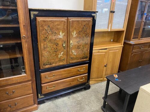 Black and Burl Handpainted Cabniet with Drawers