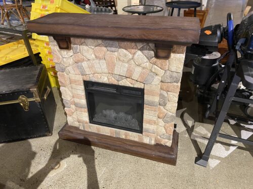 Rustic Stone Look Electric Fireplace with Wood Mantel
