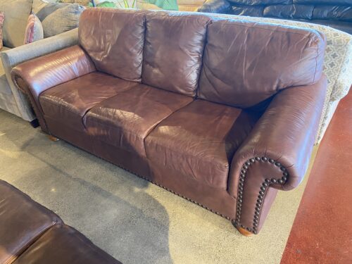 Brown Leather Rolled Arm Sofa with Nailhead Trim