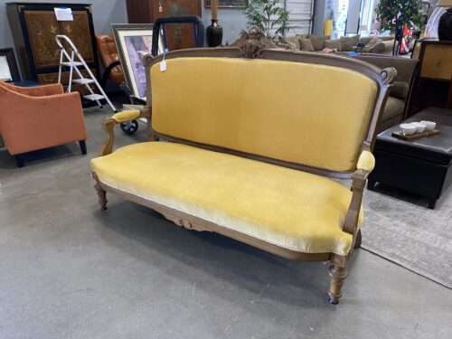 Custard Yellow Suede Cushioned Carved Wood Settee