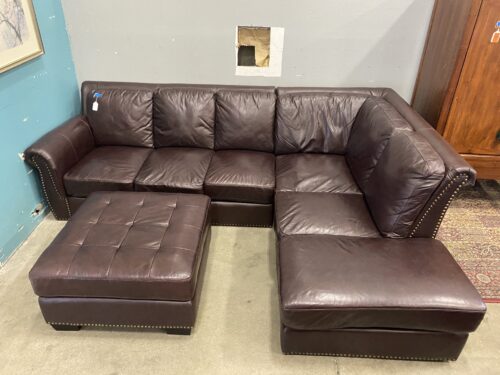 Pecan Colored Studded Leather L Sectional and Ottoman