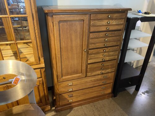 BASSETT Oak Wood Collectors Cabinet with Drawers and Side Door