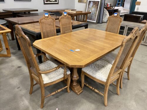Extendable Oak Dining (Two Leaf) table set with Rattan Chairs