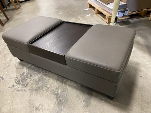 Grey Leather Storage Ottoman with Wooden Middle Insert