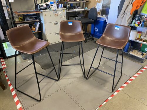 Set of 3 Brown Leather Baseball Stitched Counterstools