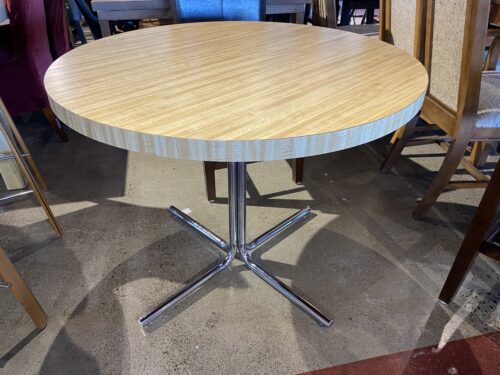 Round Wood Pattern Table with Chrome Pedestal Base