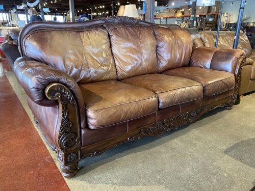 Ornate Wood Frame 3-Seater Leather Sofa