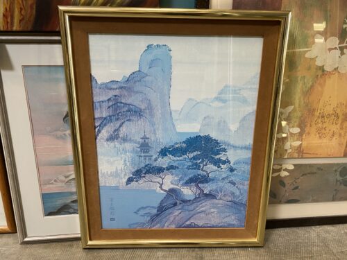 Leather and Gold Framed Blue Washed Mountains Print