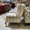 LAURA ASHLEY Purple and Yellow Pinstriped Wingback Chair