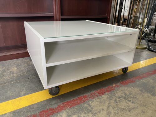Square White Glass Top Rolling Coffee Table