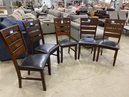 Set of 5 Wide Rung Black Leather and Cherry Wood Dining Chairs