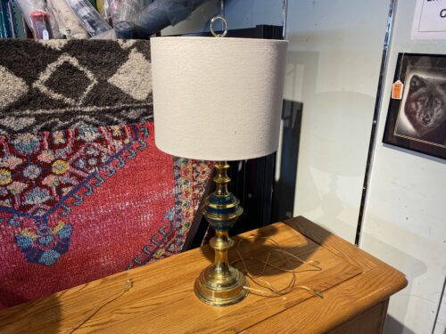 Brass and Teal Table Lamp with White Shade