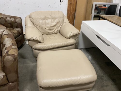 Wide Light Tan Leather Accent Chair with Ottoman