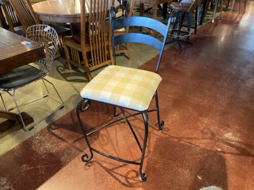 Black Wrought Iron Counter Stool with Plaid Cushion