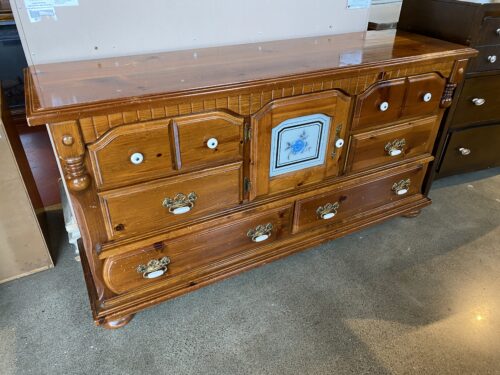 Farmhouse Style Wood Dresser with Blue Floral Motif