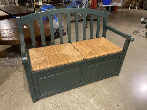 Green Wooden Storage Bench with Wicker Seats