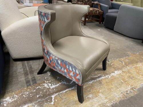 KELLEX Grey Leather Chair w/ Orange Fabric Backing & Nailhead Trim