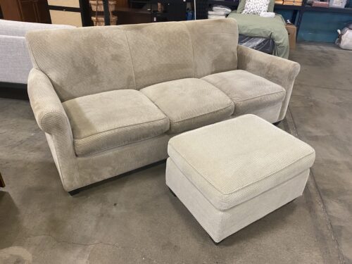 CRATE + BARREL  Griege Waffle Stitched Sofa with Ottoman
