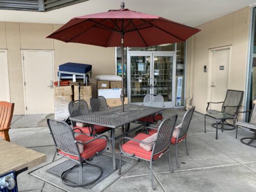 HAMPTON BAY Red Patio Table Set w/ 6 Chairs and Unbrella