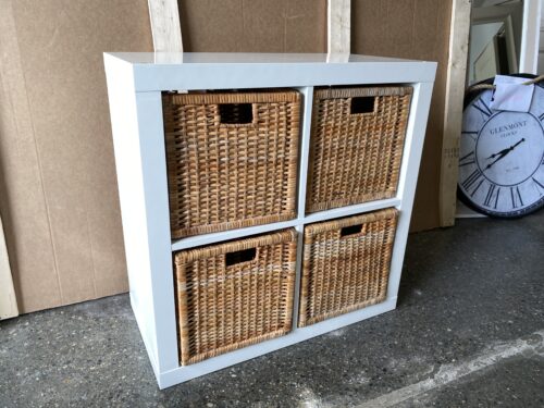 White Cubic Storage Shelf w/ 4 Wicker Baskets