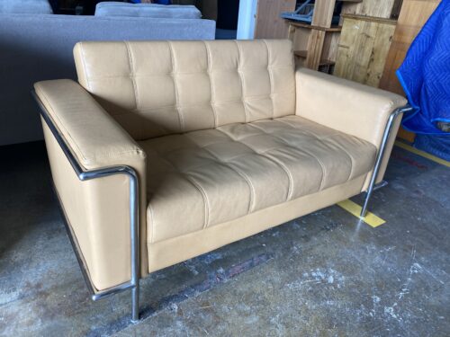 Contemporary Tan Leather Loveseat w/ Metal Frame
