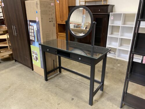 Black Wood 2 Drawer Circle Mirror Vanity