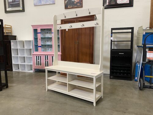 Cream Wood Shoe and Coat Rack Bench