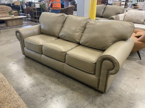 THE LEATHER FACTORY Light Khaki Studded Roll Arm Sofa