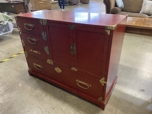 CENTURY Red Lacquer and Brass Chinoiserie Console Cabinet