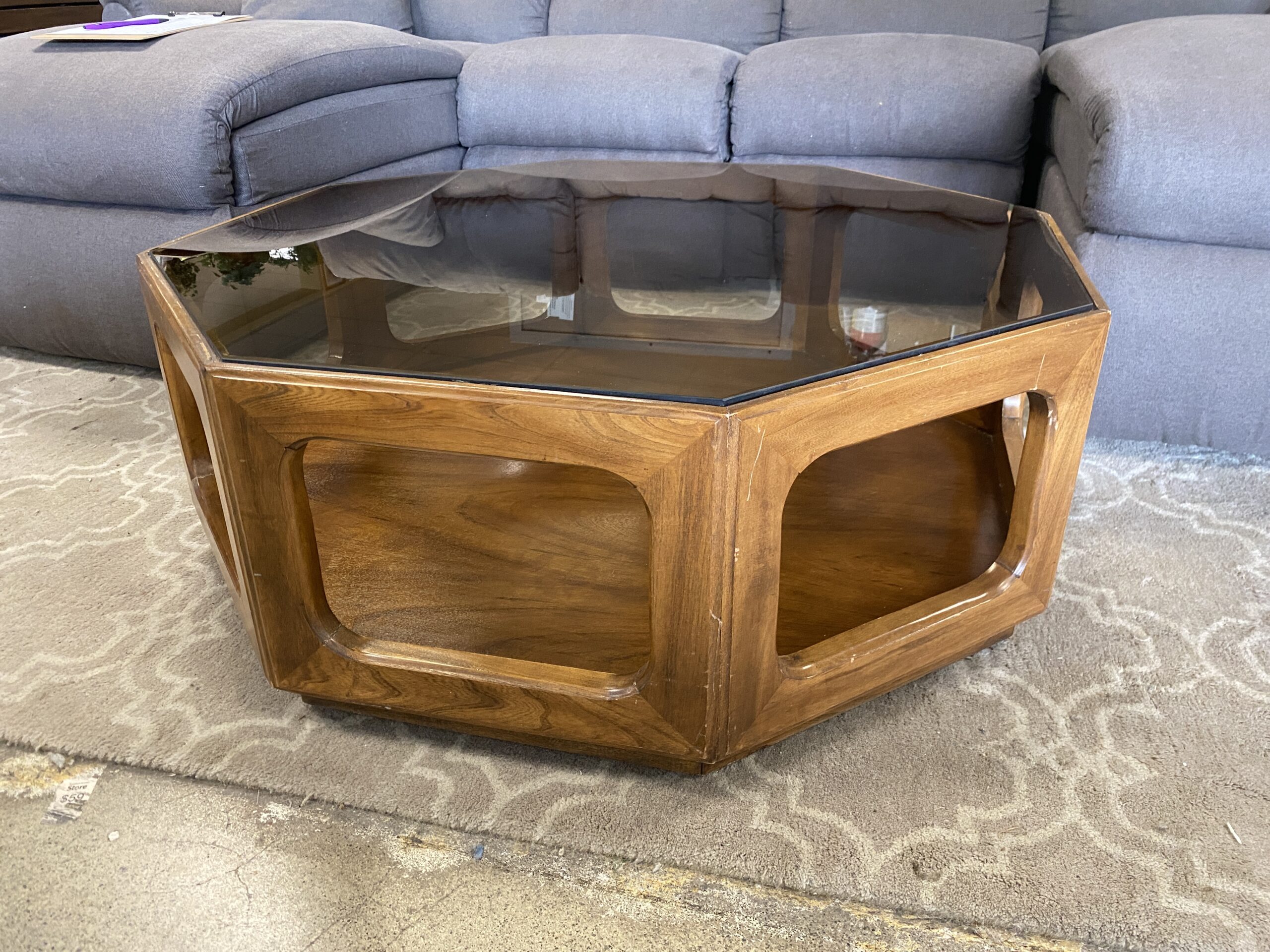 MCM Rolling Smoked Glass Top Octagon Coffee Table