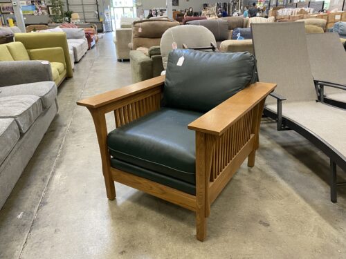 Green Leather Wood Framed Mission Style Arm Chair